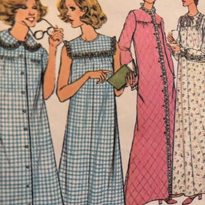 May include: Three women wearing different styles of nightgowns. The first nightgown is blue and white gingham with a ruffled collar and short sleeves. The second nightgown is pink with a quilted pattern and long sleeves. The third nightgown is white with a floral print and long sleeves.