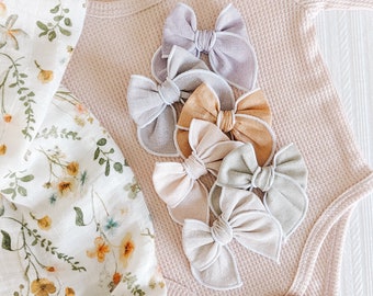 Linen Fable Hair Bows, Baby Girl Headbands, Toddler Hair Clips, Midi Bows, Boho Summer Bows, Cotton Baby Headbands, Girls Barrettes