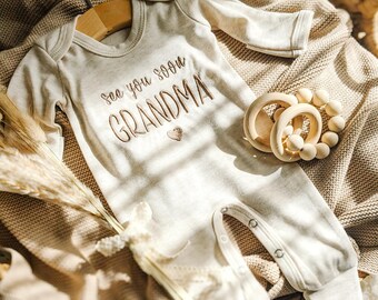 See You Soon Grandma Embroidered Newborn Baby Outfit - Pregnancy Announcement for New Grandparents