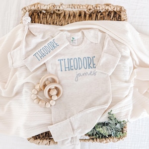 Personalized Newborn Baby Boy Coming Home Outfit, Custom Baby Romper with Hat Set, Gift for Baby Boy, Neutral Embroidered Outfit for Infant