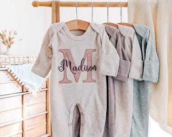 Personalized Embroidered Baby Romper: Oatmeal Cotton Blend, Custom Name & Hat