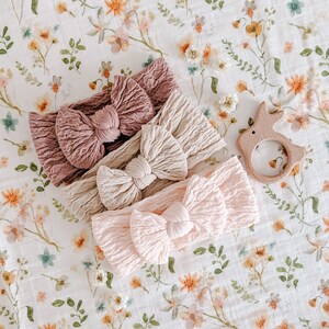 Ribbed Headbands, Neutral Baby Bows, Newborn Hair Bows, Baby Shower Gift, Girls Nylon Headwraps, Boho Headbands, Summer Knotted Hair Bows image 1