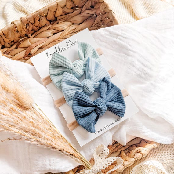 Newborn Baby Girl Hair Bows, Ribbed Infant Headbands, Knot Bow Toddler Hair Clips, Baby Shower Gift for Girl, Blue Baby Girl Hair Bow Set