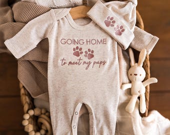 Going Home to Meet My Pups Baby Outfit - Newborn Coming Home to Pets Outfit, Embroidered Baby Romper for Dog Lovers