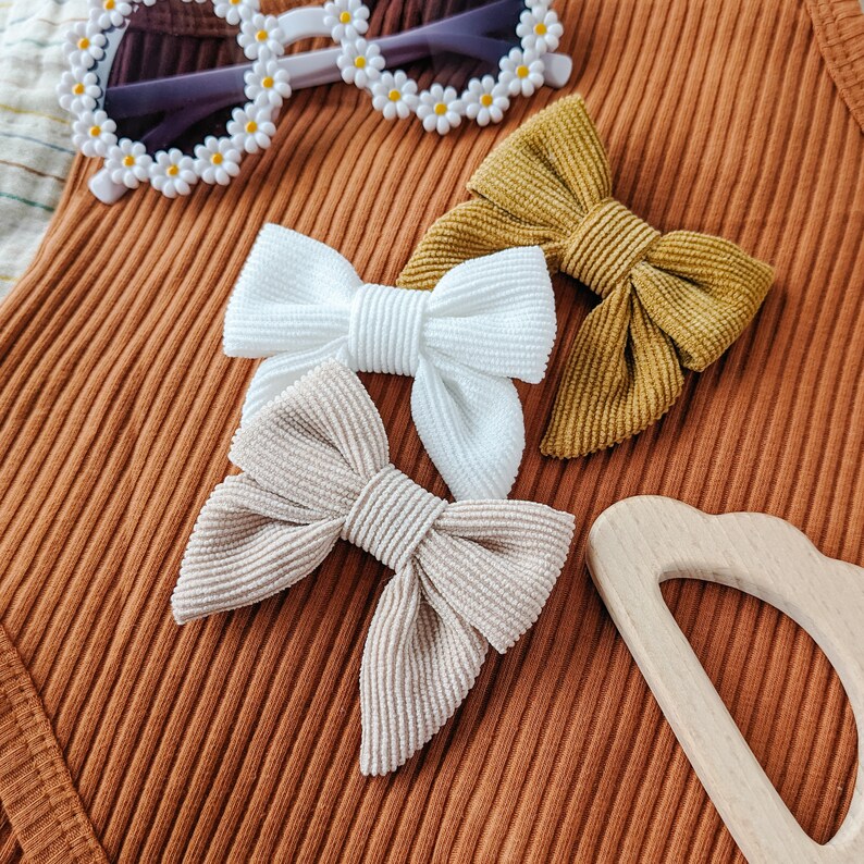 Summer Baby Bow Set, Corduroy Hair Clips, Baby Girl Headband, Newborn Hair Bows, Baby Shower Gift, Infant Toddler Barrettes, Retro Headband image 6