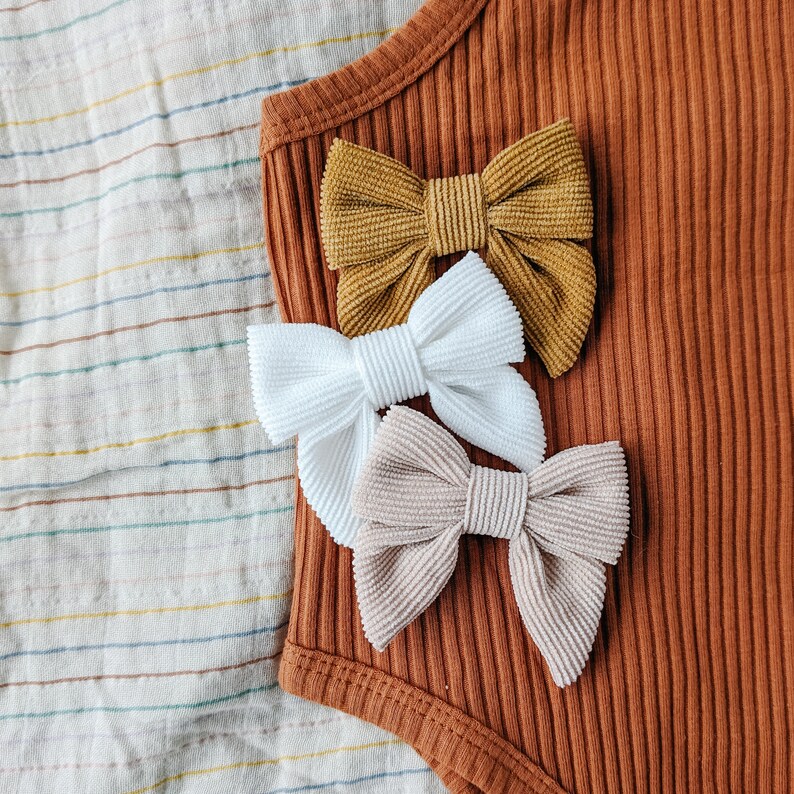 Summer Baby Bow Set, Corduroy Hair Clips, Baby Girl Headband, Newborn Hair Bows, Baby Shower Gift, Infant Toddler Barrettes, Retro Headband image 1