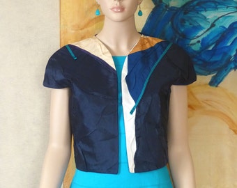 Unique Blue Patch Art Jacket  from  Boutique  Collection. Women's Apparel  with Contemporary Artistic Design.