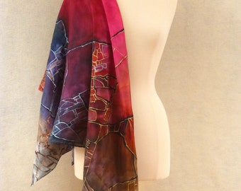 Hand Painted Pure Silk Women's Accessory - Unique Scarf with Abstract Pattern - Hand Made in USA