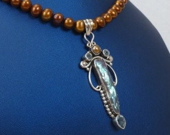 Freshwater Pearl Necklace - OOAK Pendant with Freshwater Pearl and Swiss Blue Topaz - Artistic Sterling Silver Jewelry