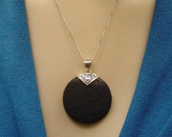 Black Natural Lava Rock Pendant Necklace - Sterling Silver and Lava Rock Jewelry