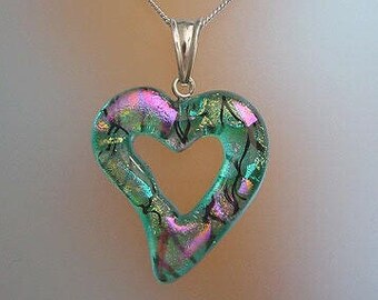 Necklace SET White or Green Dichoric Glass - Art Glass Pendant Necklace and Drop Earrings - Heart Jewelry