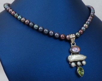 Freshwater Pearl Necklace - OOAK Pendant with Coin/ Biwa Stick/Round Pearls and Peridot - Artistic Sterling Silver - Hand made in USA