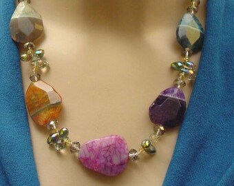 Faceted Agate Beaded Necklace - Natural Gemston Necklace - Hand Made in USA