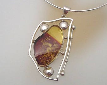 Baltic Amber Big Pendant- Artistic Burn Amber and Sterling Silver Jewelry - One-of-a-Kind Pendant Necklace