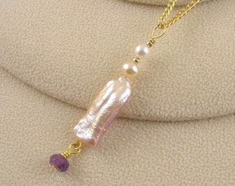 Freshwater Biwa Stick Pearl and Amethyst Necklace - Natural Color Cultured Pearls and Amethyst Pendant Necklace - Pearl and Gemstone Jewelry