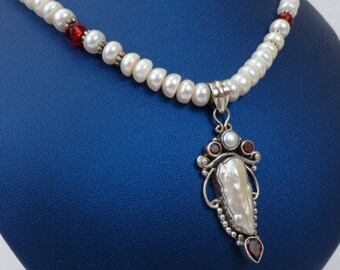 Pearl Necklace - OOAK Pendant with Freshwater Pearl and Garnet - Made in USA