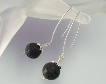 Black Natural Lava Rock Pendant Earrings - Sterling Silver and Lava Rock Jewelry