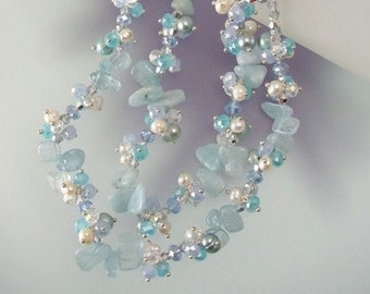Aquamarine / Freshwater Pearl / Crystals Two Rows Beaded Necklace