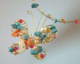 Butterfly Necklace With Turquoise / Coral / Freshwater Pearls / Citrine / Carnelian - Artistic Women Jewelry - Hand Made in USA