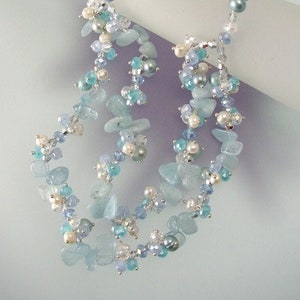 Aquamarine / Freshwater Pearl / Crystals Two Rows Beaded Necklace image 1