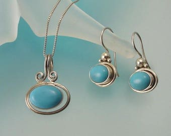 Blue Turquoise and Sterling Silver Necklace and Earrings - Turquoise Necklace Set - Blue Jewelry
