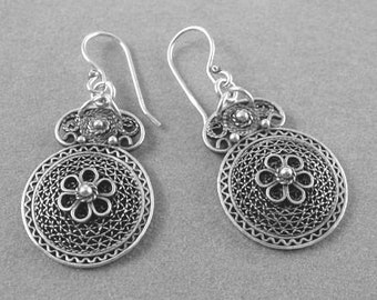 Sterling Silver Rosette Earrings - Drop Filigree Earrings - Handcrafted in USA