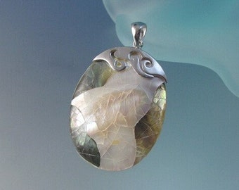 Artistic Mother of Pearl and Abalone Shell Sterling Silver Pendant Necklace