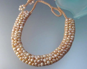 Peach Freshwater Pearl Necklace - Hand-crochet Necklace with Cultured Pearls - Made in USA