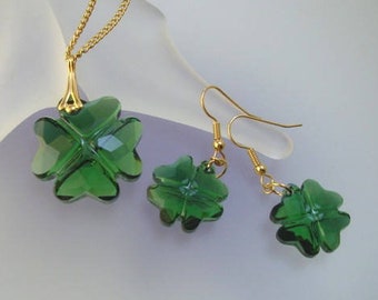 Swarovski Clover Necklace and Earrings Set - Green Jewelry - Genuine Austrian Crystals