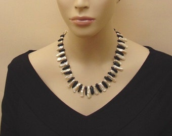 Black Onyx and Freshwater Pearl Necklace - Precious Stone Jewelry - Hand made in USA