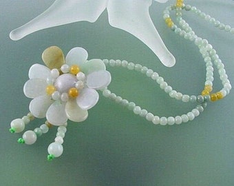 Natural Jade Beaded Necklace with Flower Pendant - Green Color Jewelry - Hand Crafted in USA