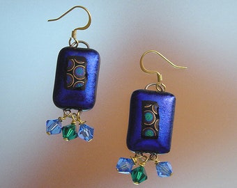 Blue Dichroic Glass Earrings with Swarovski Crystals - Artisan Dangle Earrings - Hand Made in USA