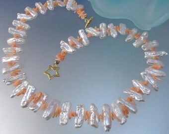 Pearl and Coral Necklace - White Biwa Freshwater Pearl and Cupolini Coral Necklace - Vermeil Jewelry