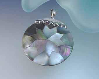 Large Paua Shell Mosaic Sterling Silver Pendant Necklace