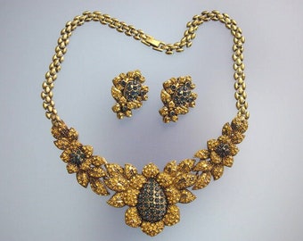 Vintage Swarovski Crystal Necklace and Earrings - Floral Design Jewelry Set