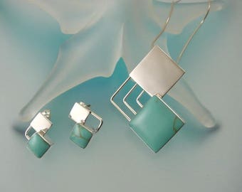 Contemporay Green Turquoise Set - Sterling Silver Pendant Necklace & Earrings - Gemstone Jewelry Set