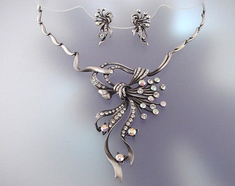 Vintage Swarovski Crystal Necklace and Earrings Set - Abstract Bow & Floral Design