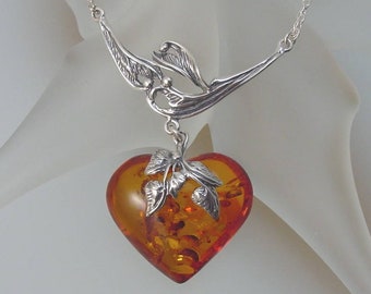 Baltic Amber Heart and Sterling Silver Drop Necklace - Unique Romantic Jewelry - Valentine's Gift