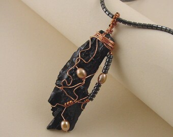 Black Tourmaline Pendant Necklace - Wire Wrapped Black Tourmaline Pendant - Genuine Tourmaline / Hematite / Copper / Pearls - Hand Made