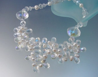 Freshwater Pearl & Crystal Beaded Necklace - Wedding White Jewelry - Made in USA