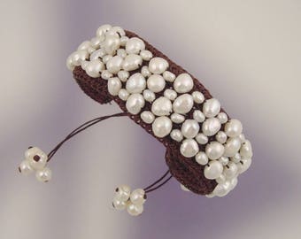 Freshwater Pearls Bracelet - Hand crocheted Bracelet with White Pearl - Organic Jewelry