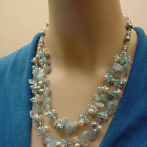 Aquamarine / Freshwater Pearl / Crystals Two Rows Beaded Necklace image 2