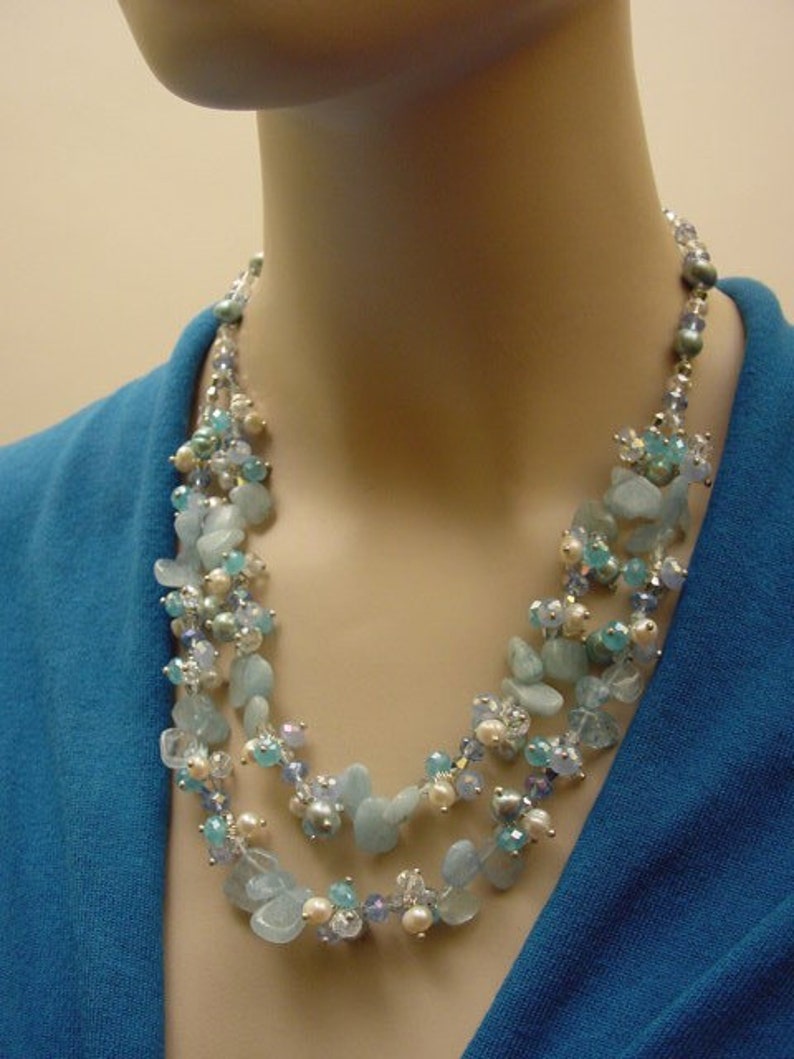 Aquamarine / Freshwater Pearl / Crystals Two Rows Beaded Necklace image 2