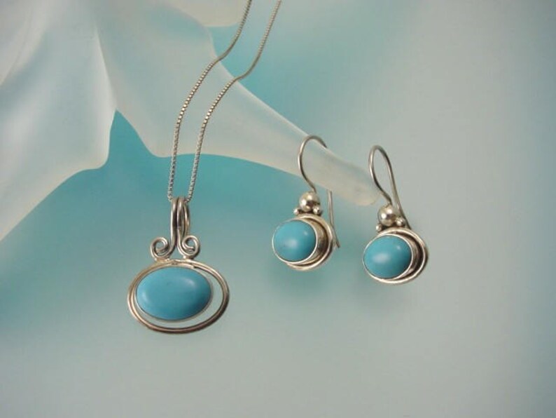 Blue Turquoise and Sterling Silver Necklace and Earrings Turquoise Necklace Set Blue Jewelry image 1