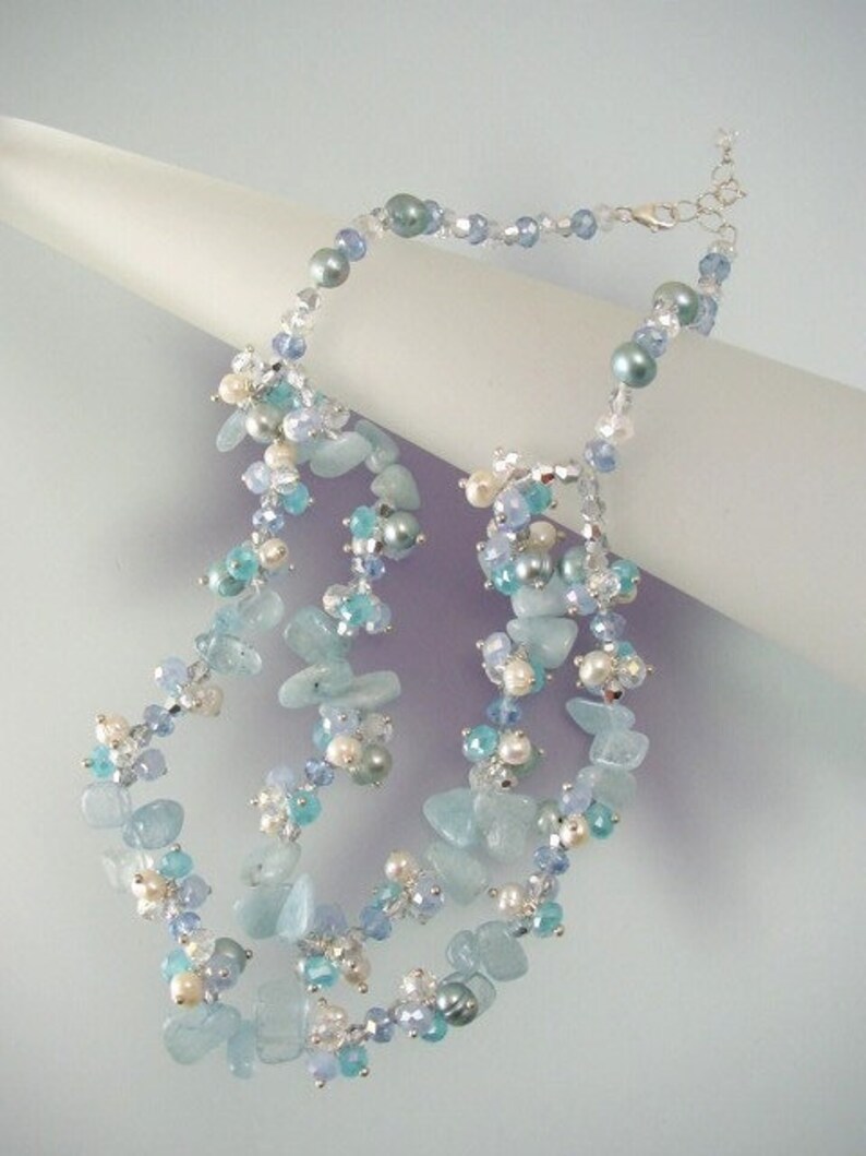 Aquamarine / Freshwater Pearl / Crystals Two Rows Beaded Necklace image 1