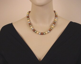 Multicolor Freshwater Pearl Jewelry - Brown, Grey and Gold Cultured Pearl Beaded Necklace - Hand Made in USA