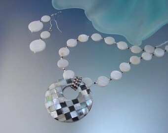Mother of Pearl Pendant Necklace and Earring Set - Contemporary Jewelry Set - Mosaic Mother of Pearl Pendant