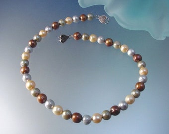 Multicolor Freshwater Pearl Jewelry - Brown, Grey and Gold Cultured Pearl Beaded Necklace - Hand Made in USA