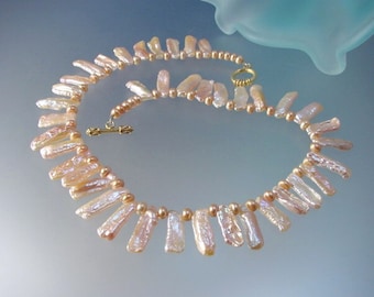 Stick Peach Freshwater Pearl Necklace - Beaded Necklace - Hand made in USA