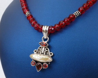 Garnet and Freshwater Pearl Necklace - Artistic Pendant with Faceted Garnet Bead Necklace - Handcrafted Jewelry in USA